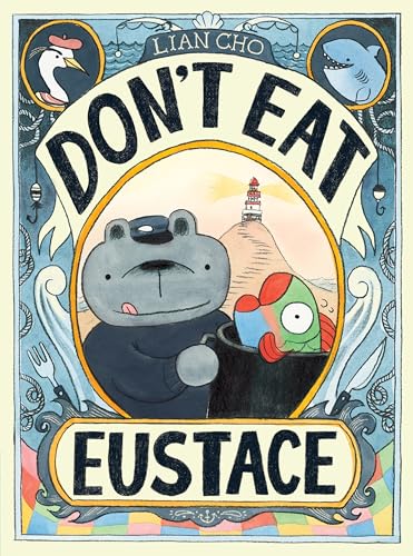 Book cover featuring a bear looking at a fish in a pot near a lighthouse.
