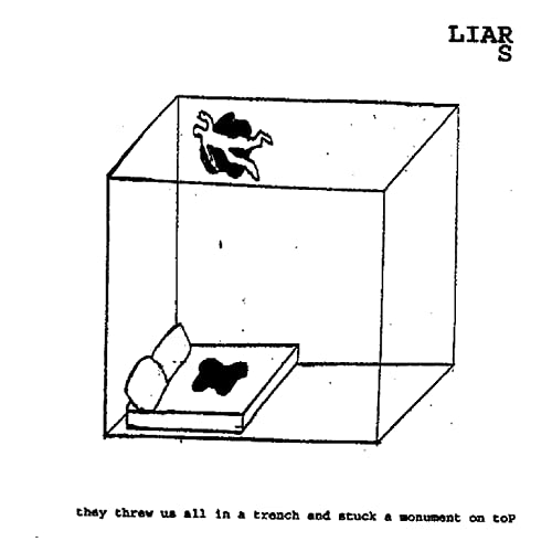Black and white illustration of a figure in a cubic structure with a record.