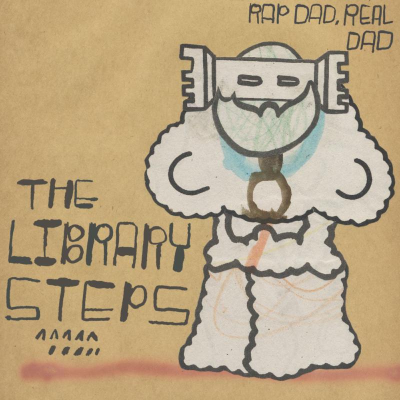 Hand-drawn album cover for “The Library Steps” with a cartoon dad figure.