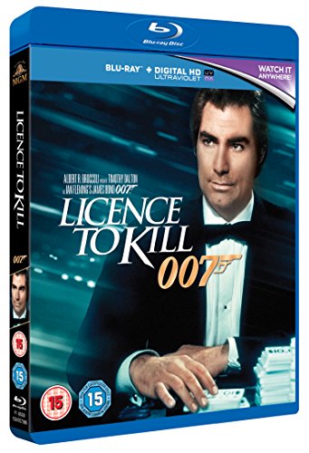 Blu-ray cover for Licence to Kill featuring Timothy Dalton in a tuxedo.