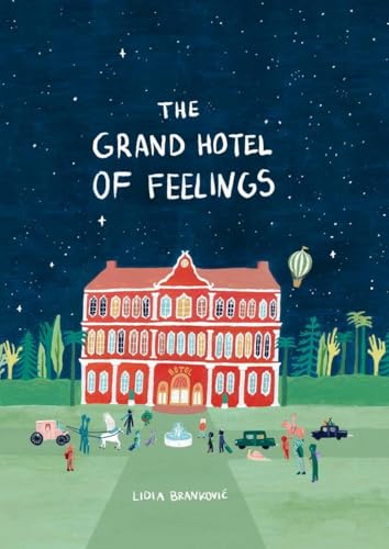 A red hotel building stands under a starry night sky with figures in front.