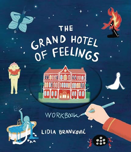 Workbook cover with illustrated hotel, figures, and whimsical, starry background.