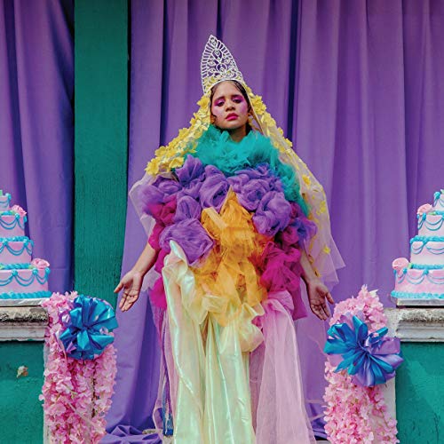 Lido Pimienta in colorful tulle and a crown, with cakes nearby.