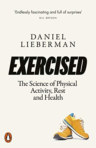 Book cover: "Exercised" by Daniel Lieberman, with running shoes illustration.