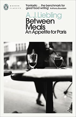 Book cover: "Between Meals" by A.J. Liebling, with cafe scene.