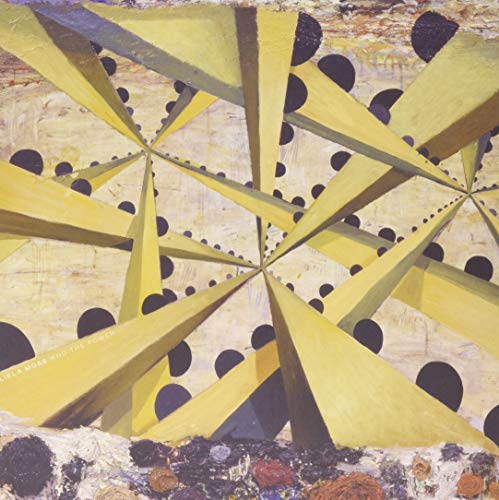 Abstract yellow and black geometric design on a textured background.