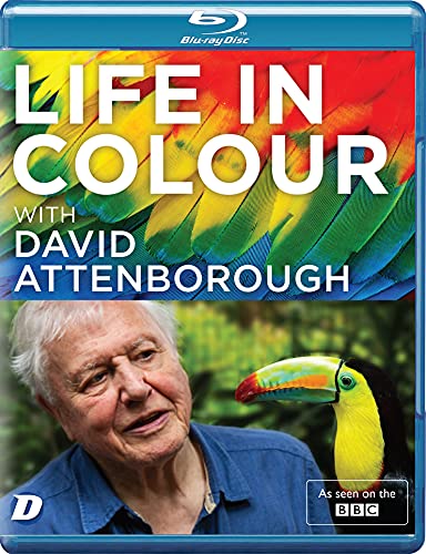 "Blu-ray case with David Attenborough and a toucan, surrounded by colorful feathers."