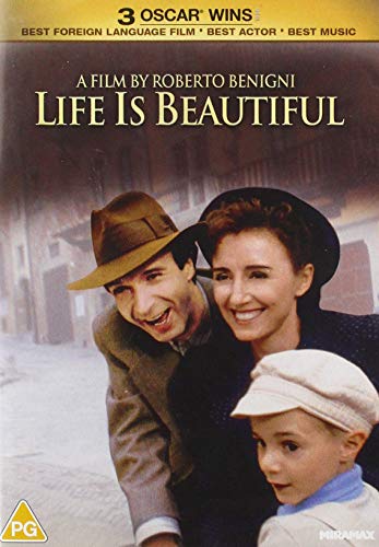 DVD cover for “Life Is Beautiful” featuring a man, woman, and child.