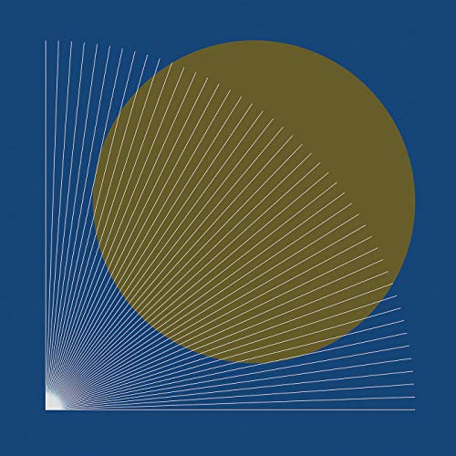 Abstract design with thin white lines radiating from a corner over a gold circle.
