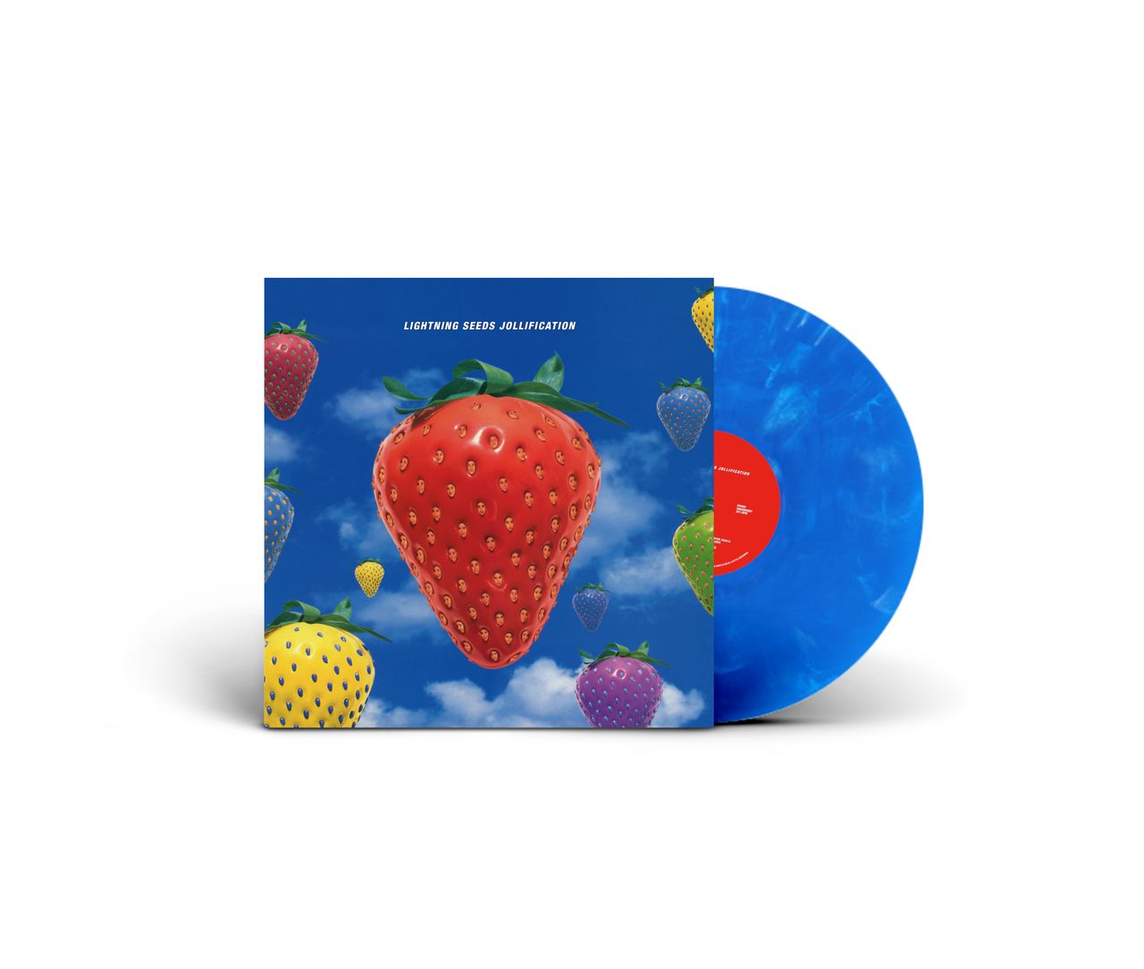 Jollification" vinyl record cover with strawberries and a blue translucent disc.