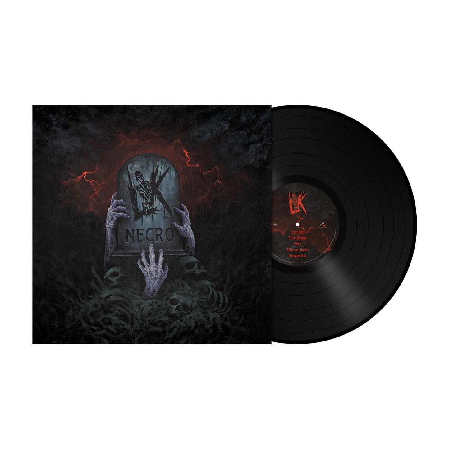 Black vinyl record with a gothic tombstone and skeletal hands cover.