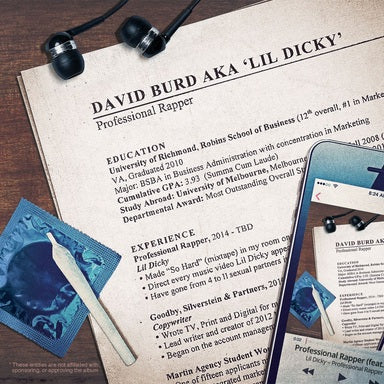 Lil Dicky's "Professional Rapper" vinyl packaging resembling a resume with headphones.