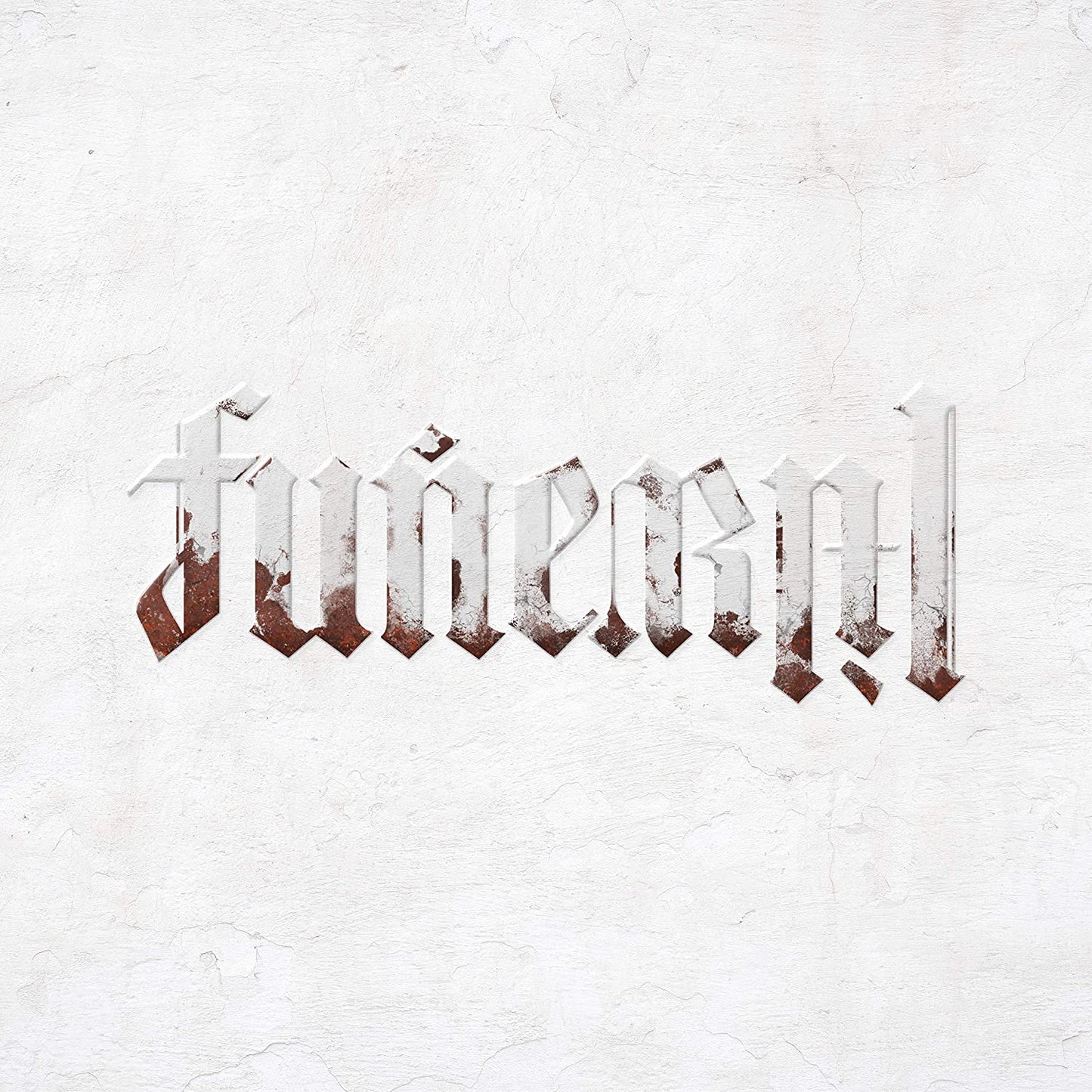 The image is a CD cover for "Lil Wayne - Funeral" with the title "Funeral" prominently displayed in a stylized, 3D font. The text appears to be cut out of a white surface, revealing a marbled red and white background underneath. The font is distressed, giving it a rough, torn appearance. At the bottom center of the image, there is a small black and white "Parental Advisory Explicit Content" logo. The background of the image is