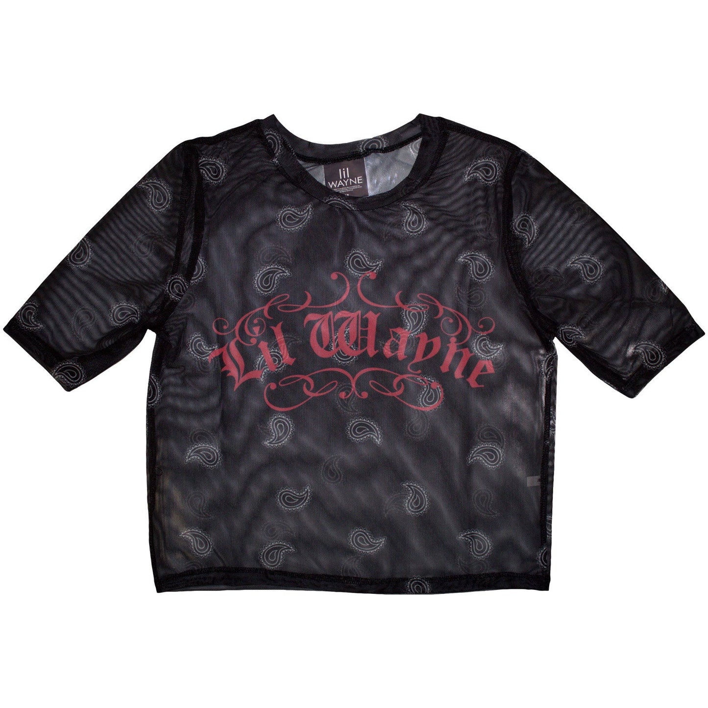 Black mesh crop top with white “Lil Wayne” script logo, size X-Small.