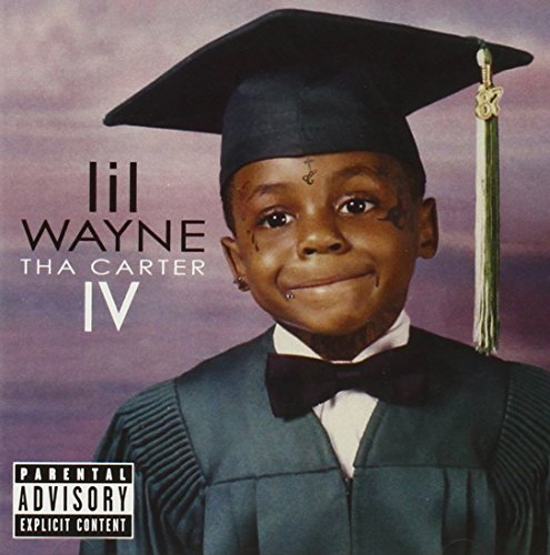 Lil Wayne in graduation cap and gown on album cover.