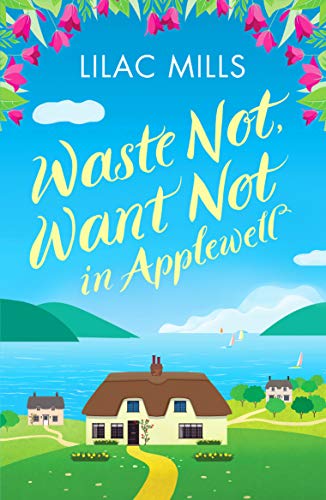 Book cover with a thatched cottage, blue water, and floral border.