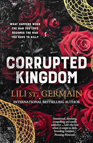 Book cover featuring red roses, a gold snake pattern, and white text on black.