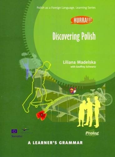Green cover of "Discovering Polish" grammar book with illustrated figures.