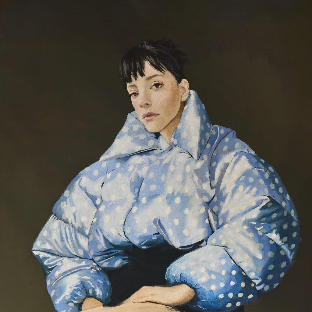 Painting of Lily Allen in a blue and white polka dot puffer jacket.