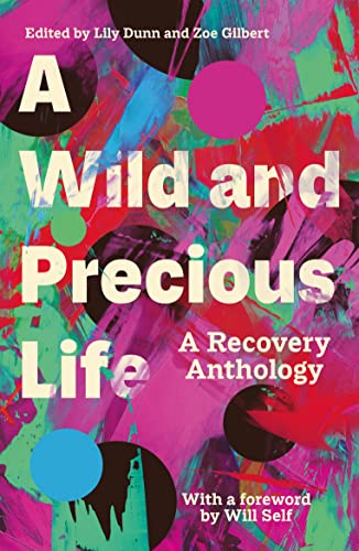Book cover with bold white text over an abstract background of pink, green, and black.