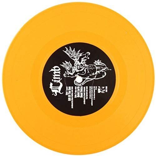 Yellow vinyl record with black and white label art depicting a figure.