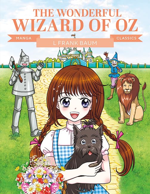 Manga-style illustration of Dorothy, Toto, and friends on a yellow brick road.