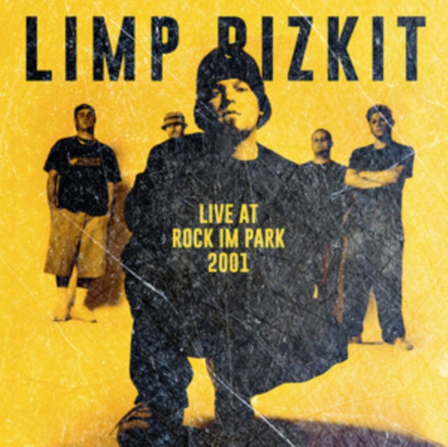 Limp Bizkit album cover, yellow background, band members in dark clothing.