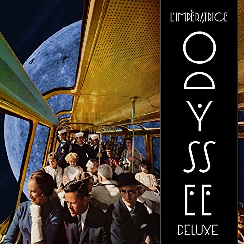 Album cover showingB showing people in a futuristic gold tram traveling past the moon.