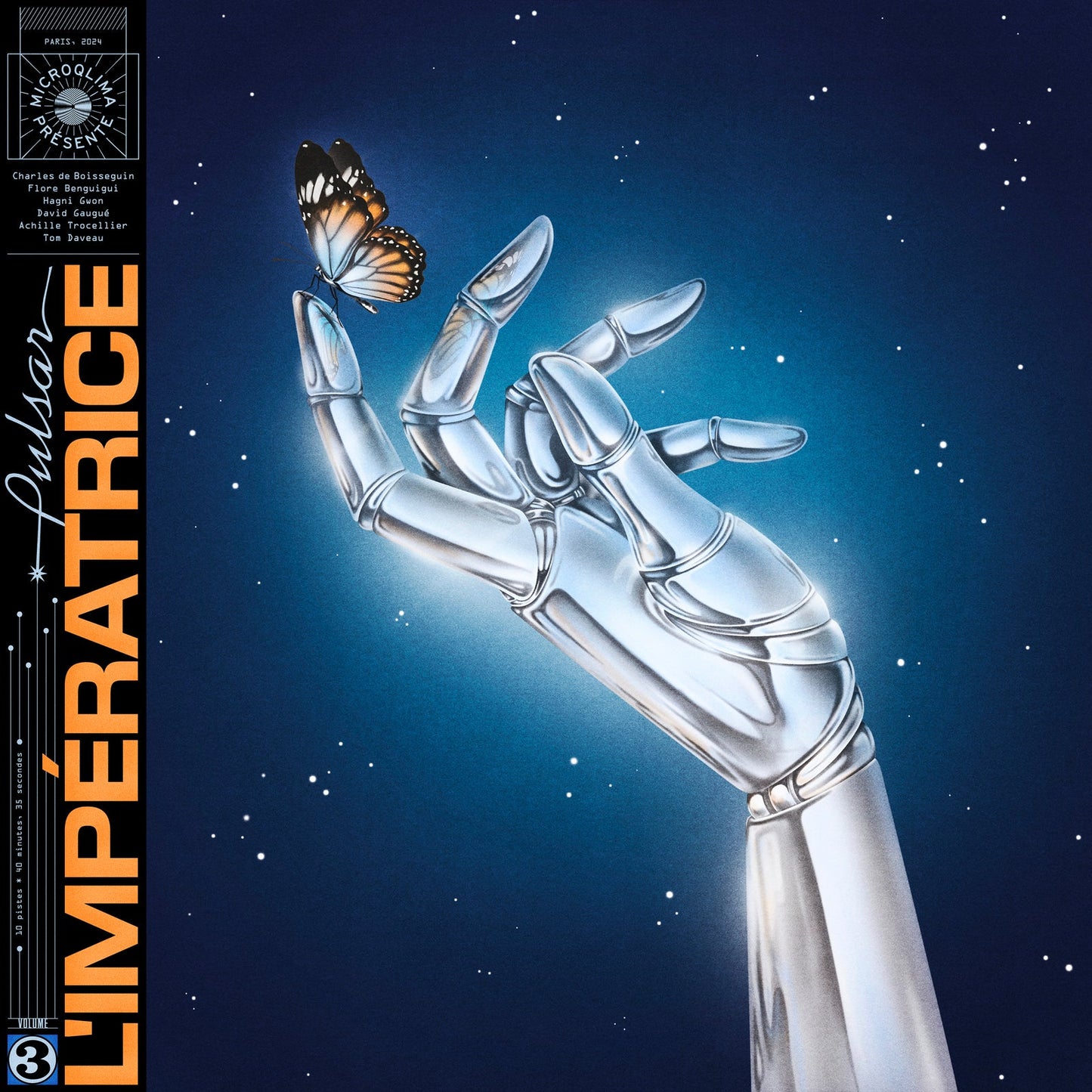 Vinyl record cover: hand holding a butterfly against a starry blue background.