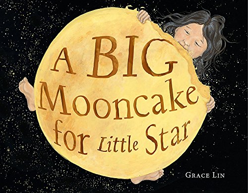 Child hugging a large, round mooncake against a starry night sky.