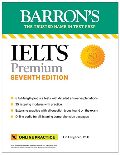 IELTS Premium, Seventh Edition Barron’s test prep book cover, yellow and white.