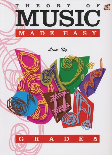 Book cover: "Theory of Music Made Easy Grade 5" with abstract colorful design.