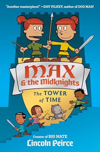 Book cover featuring cartoon children as knights with a cat, titled “Max and the Midknights.”