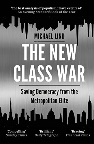 Book cover: “The New Class War” with a city skyline background.