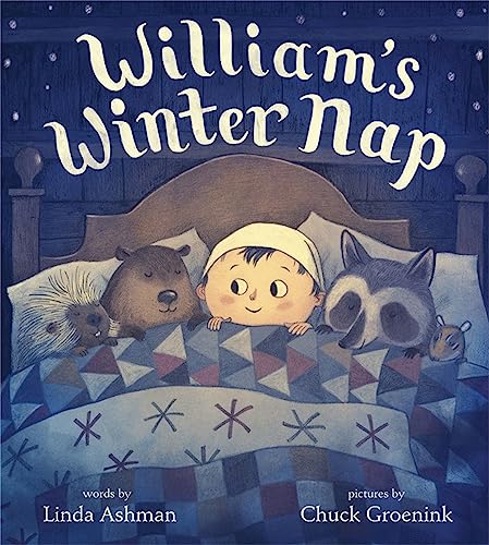Children's book cover: a baby sleeps with animal friends in bed.