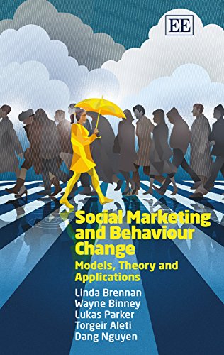 Book cover with people walking, a yellow umbrella, and text: "Social Marketing and Behaviour Change.