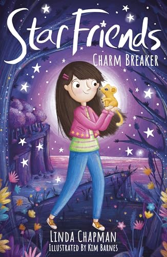 A girl with long brown hair holds a small yellow creature against a starry background.