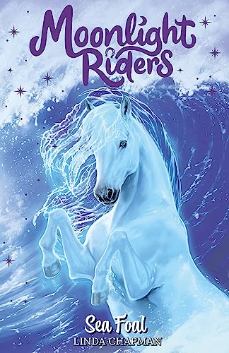 A white horse rears up against a backdrop of crashing blue ocean waves.
