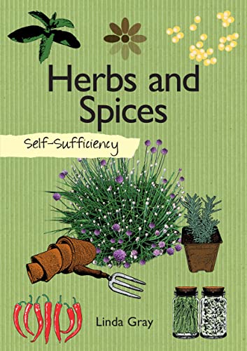 Book cover with illustrated herbs, spices, gardening tools, and text.