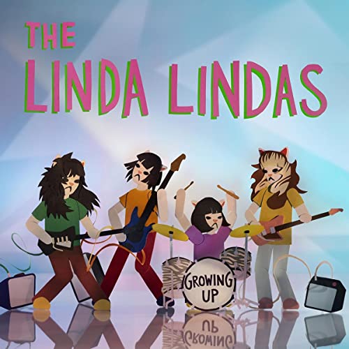Album cover for The Linda Lindas’ “Growing Up” featuring cartoon band members.