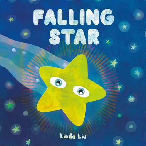 Yellow star with large eyes falling through a dark blue, starry sky.