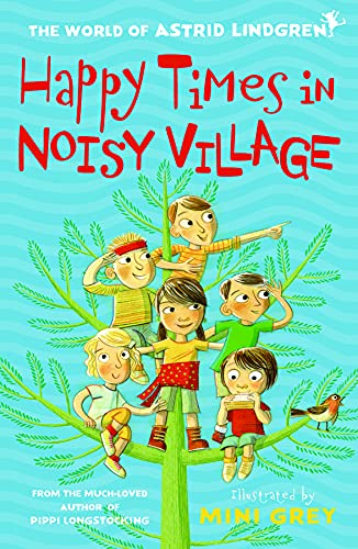 Six children sit in a large green tree against a light blue background.