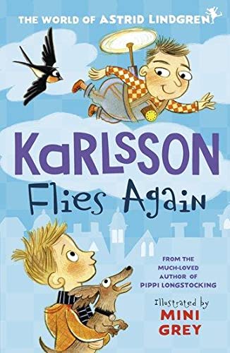 Book cover: Karlsson with a propeller, a boy, and a dog flying.