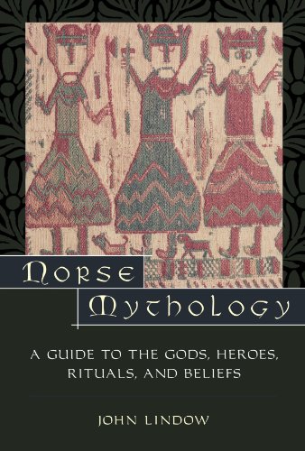 Book cover featuring a woven tapestry of three figures with the title Norse Mythology.
