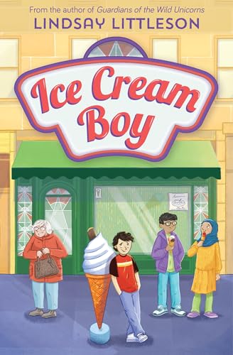 Book cover: boy, ice cream cone, and people in front of a shop.
