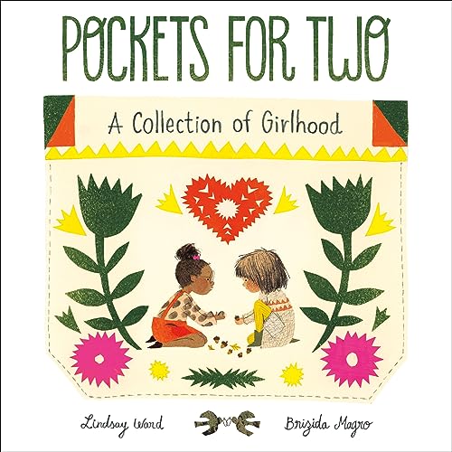 Book cover with illustrated pocket design, two girls, and floral motifs.