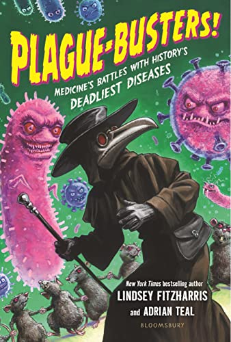 Book cover featuring a plague doctor, germs, and rats.