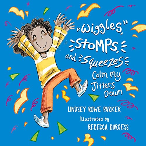 A child with brown hair and a yellow shirt jumps on a blue background.