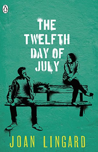 "Book cover with green background, two teens on bench, title and author name displayed."