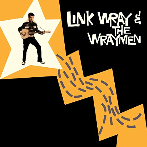 Link Wray playing guitar inside a star shape on a black and yellow background.
